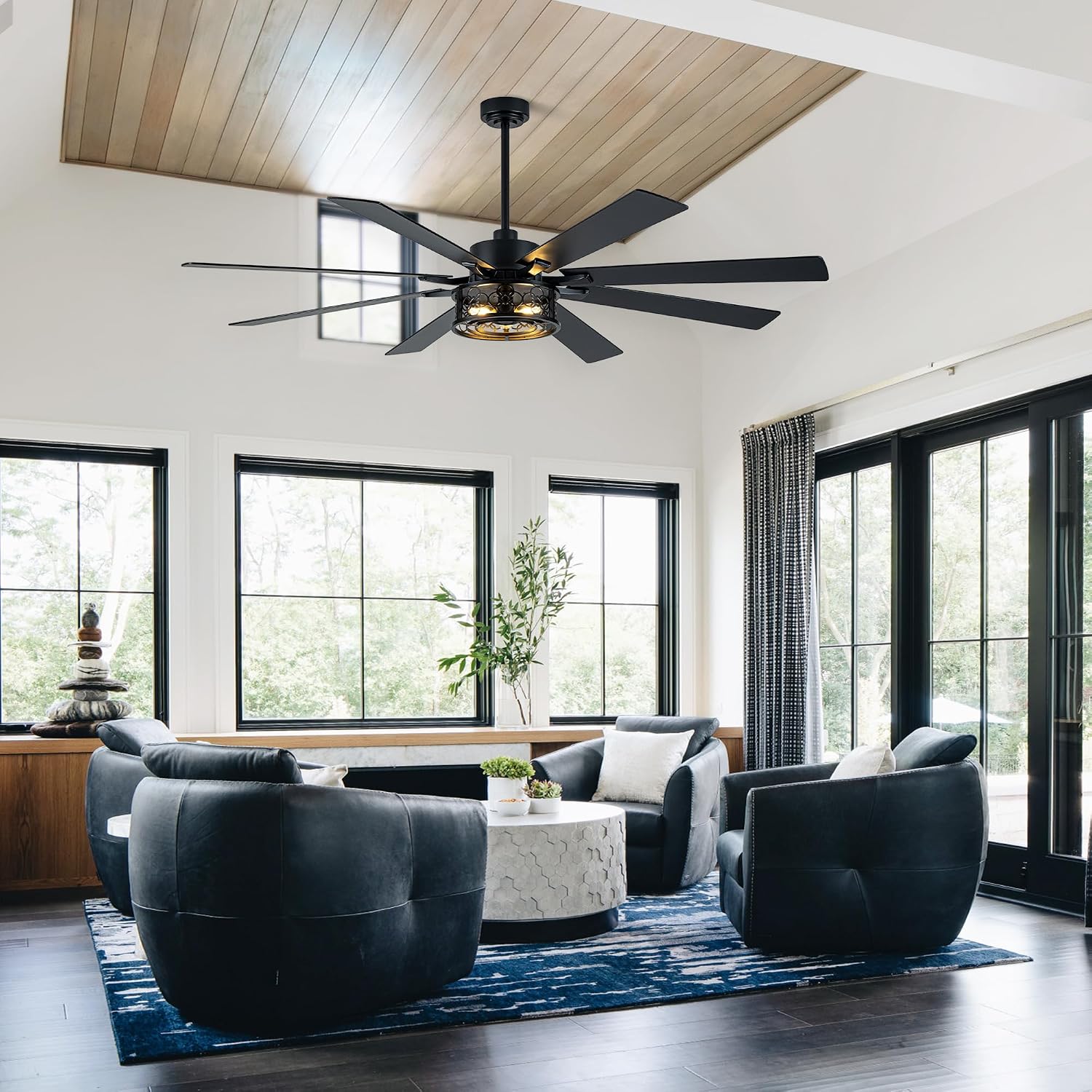 Dawn Whisper 72 Inch Farmhouse Ceiling Fans with Lights Quiet Reversible DC Motor Caged Rustic Ceiling Fans with Remote Industrial Chandelier Fan for Living room Bedroom(Black)