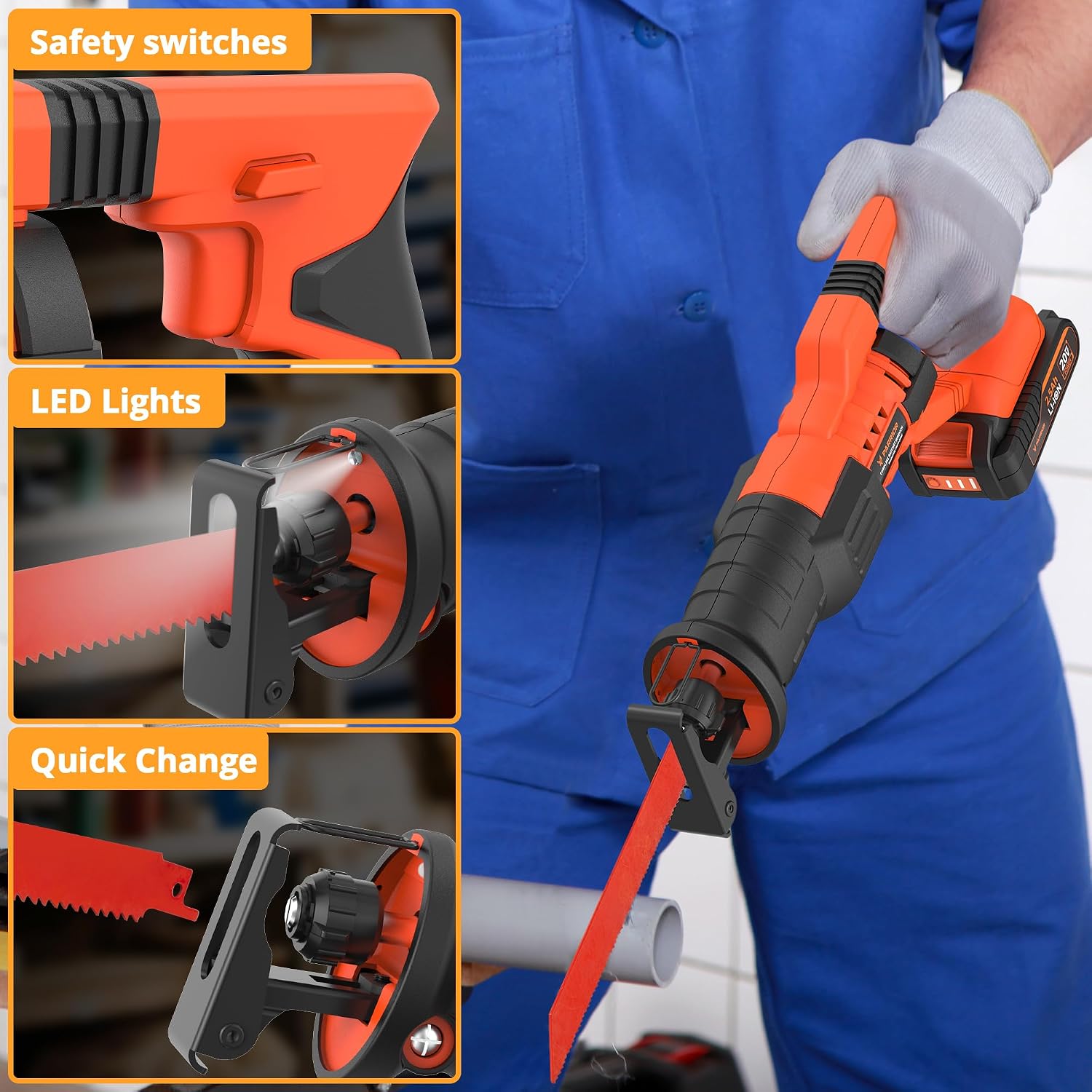 20V Cordless Reciprocating Saw, 0-2800rpm Variable Speed Power Reciprocating Saw, LED Light, Tool-Free Blade Change Reciprocating Saw Blades Kit for Wood/Metal/PVC Cutting