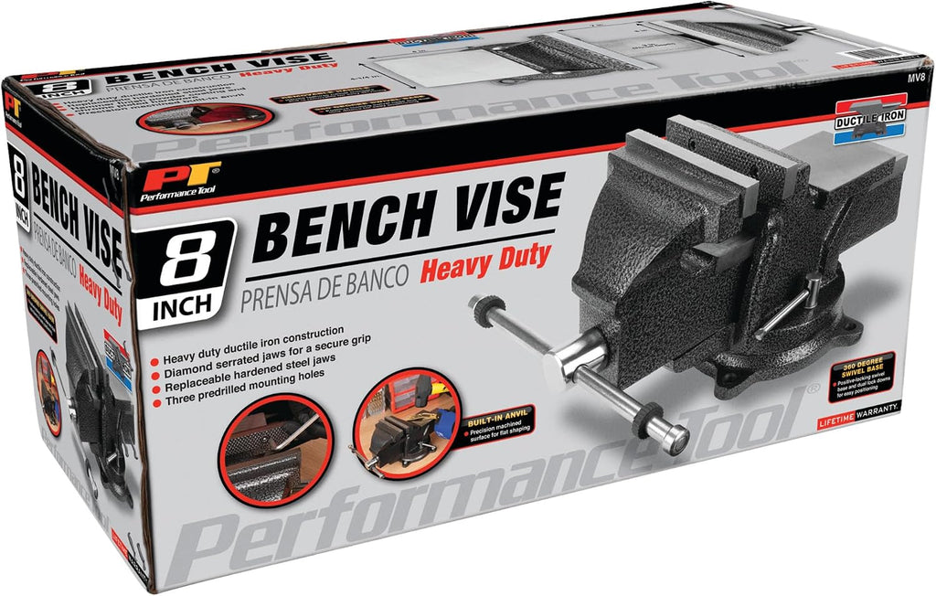 Performance Tool MV8 Hammer Tough Powder Coating, 360 Degree Swivel 8-Inch Bench Vise (7-Inch Jaw Opening, 3-Inch Throat Depth)
