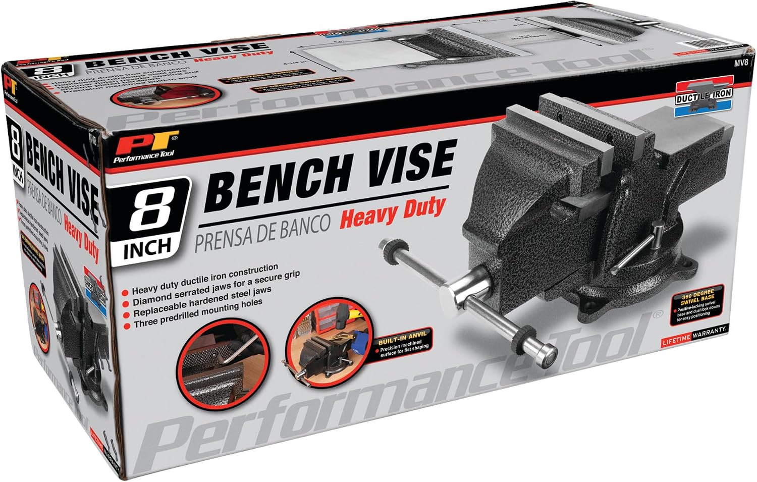 Performance Tool MV8 Hammer Tough Powder Coating, 360 Degree Swivel 8-Inch Bench Vise (7-Inch Jaw Opening, 3-Inch Throat Depth)