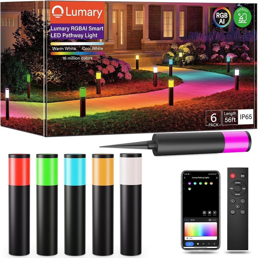 Lumary 6 Pack Smart Pathway Lights 2100LM, RGBAI/Cool/Warm White, Aluminum Wired Landscape Lighting IP65 Waterproof Works with Wi-Fi APP/Voice/Remote Control for Outdoor Yard, Garden, Walkway