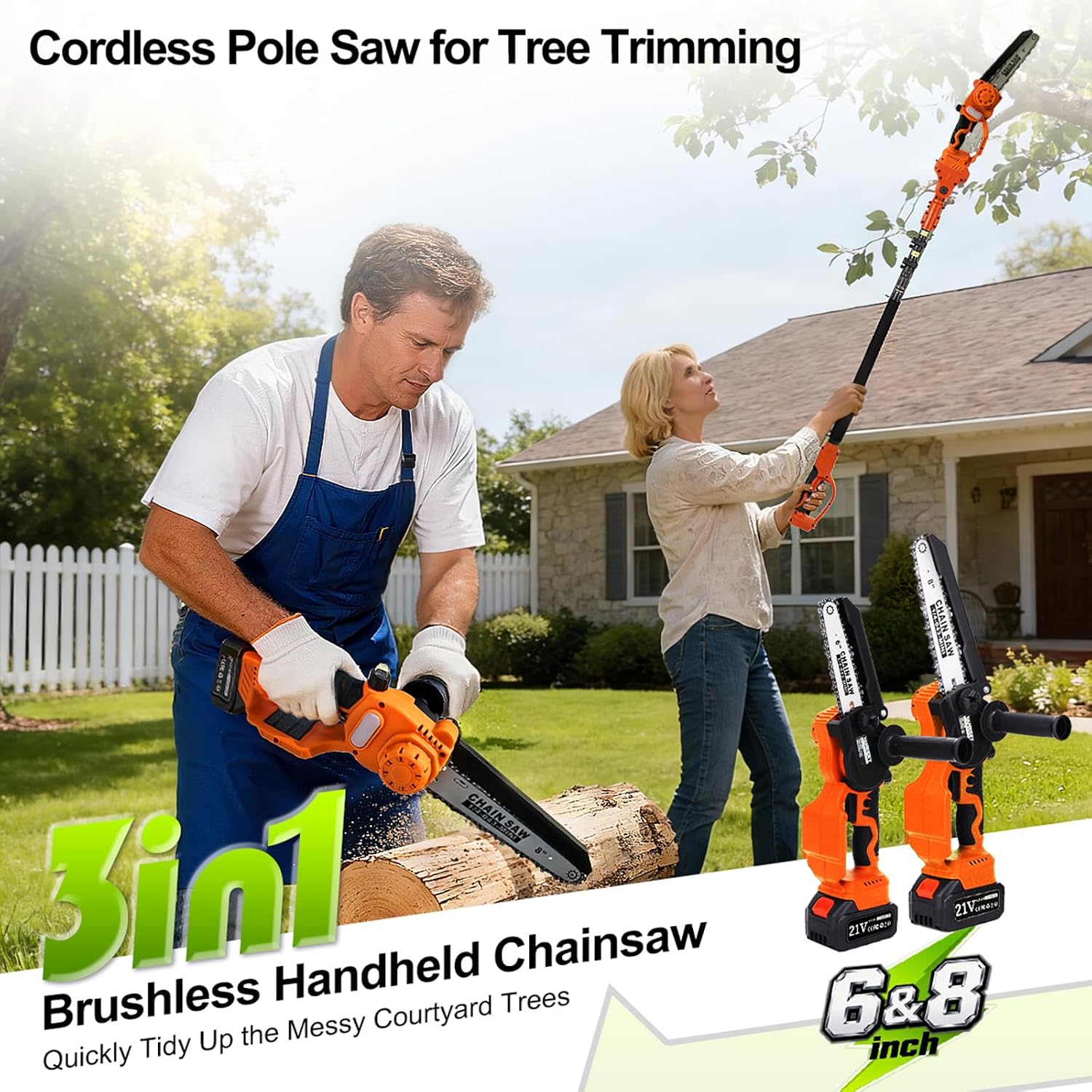 Electric Pole Saws for Tree Trimming 15ft, Cordless Pole Saw Chainsaw with Battery and Charger, 6'&8' Mini Chainsaw for High Tree Branches Pruning & Wood Cutting, Gifts for Men Dad Husband Gadget