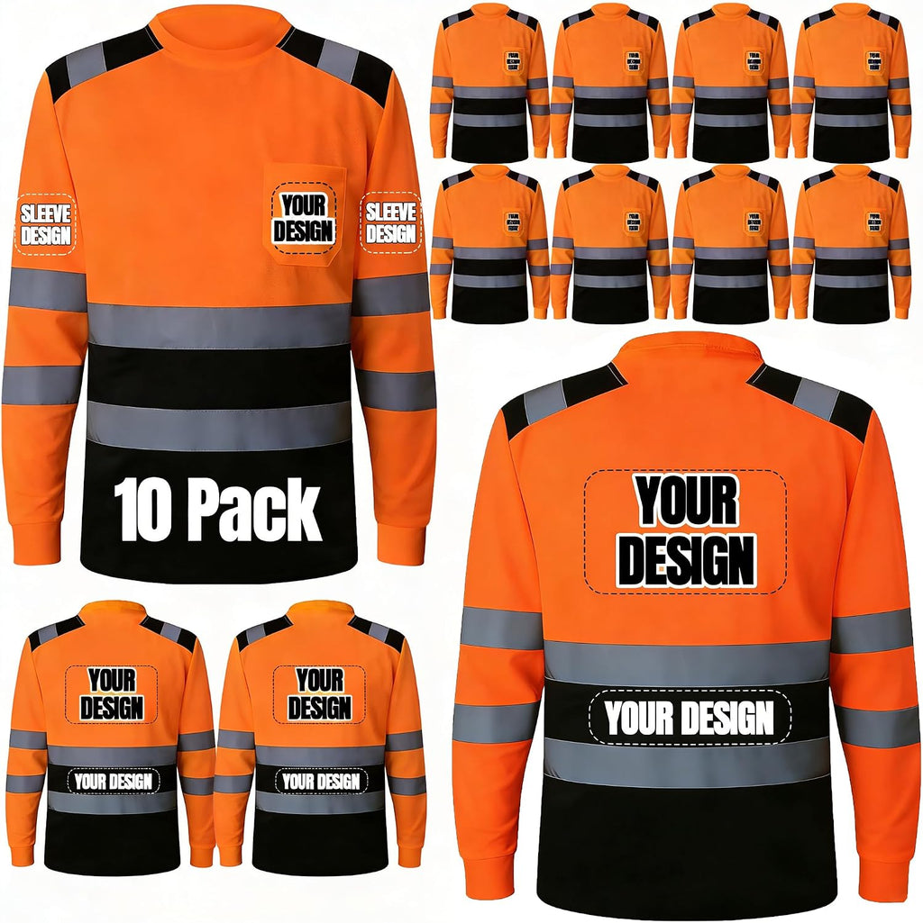 BeautyWill Custom Logo High Visibility Safety Shirts, ANSI Class 3 Reflective Work Shirts Long Sleeve Crewneck T-Shirt