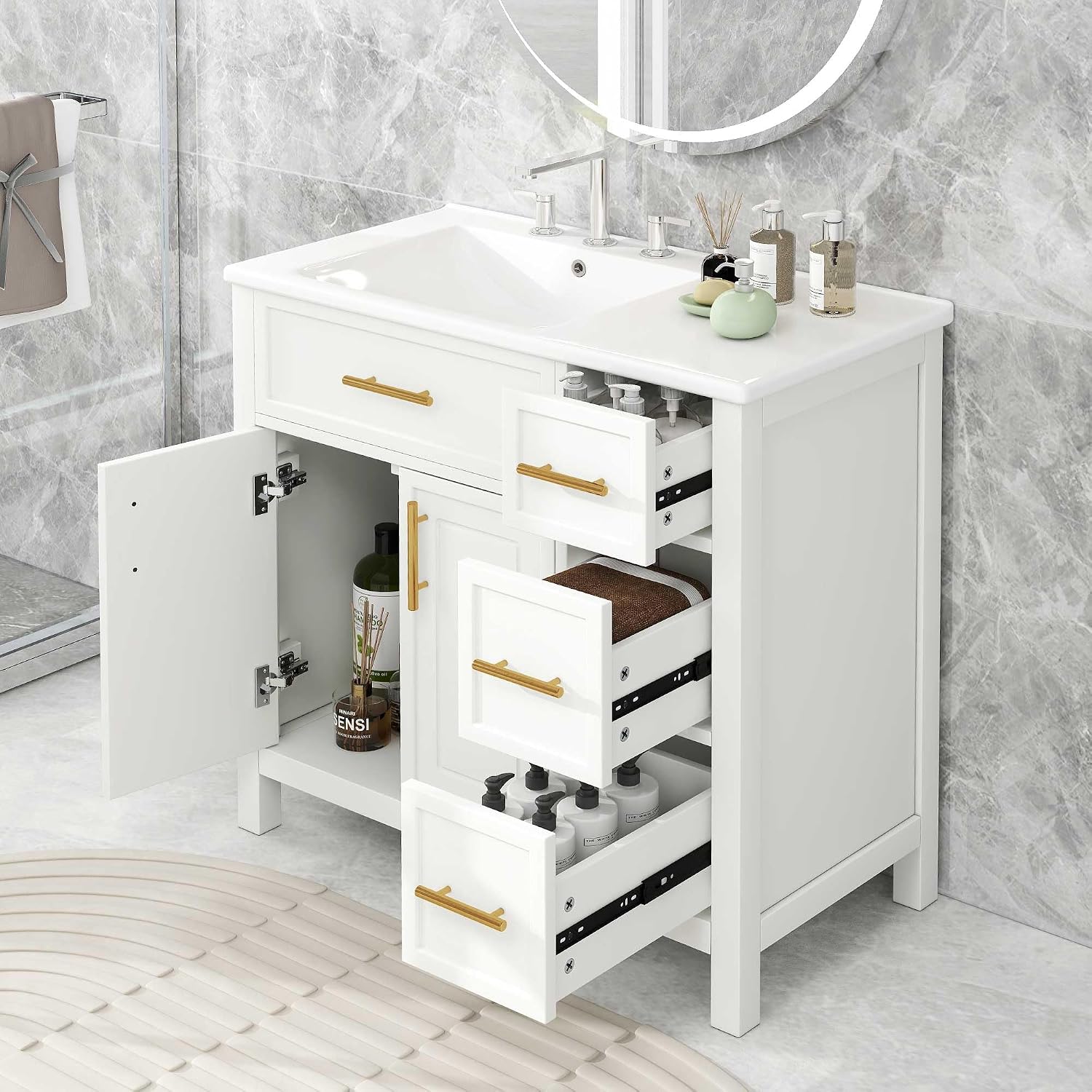 Harper & Bright Designs 36' Bathroom Vanity with Sink, Bathroom Cabinet with Two Doors and Three Drawers, White Undermount Left Side SinkVanity Countertop, Solid Wood Frame