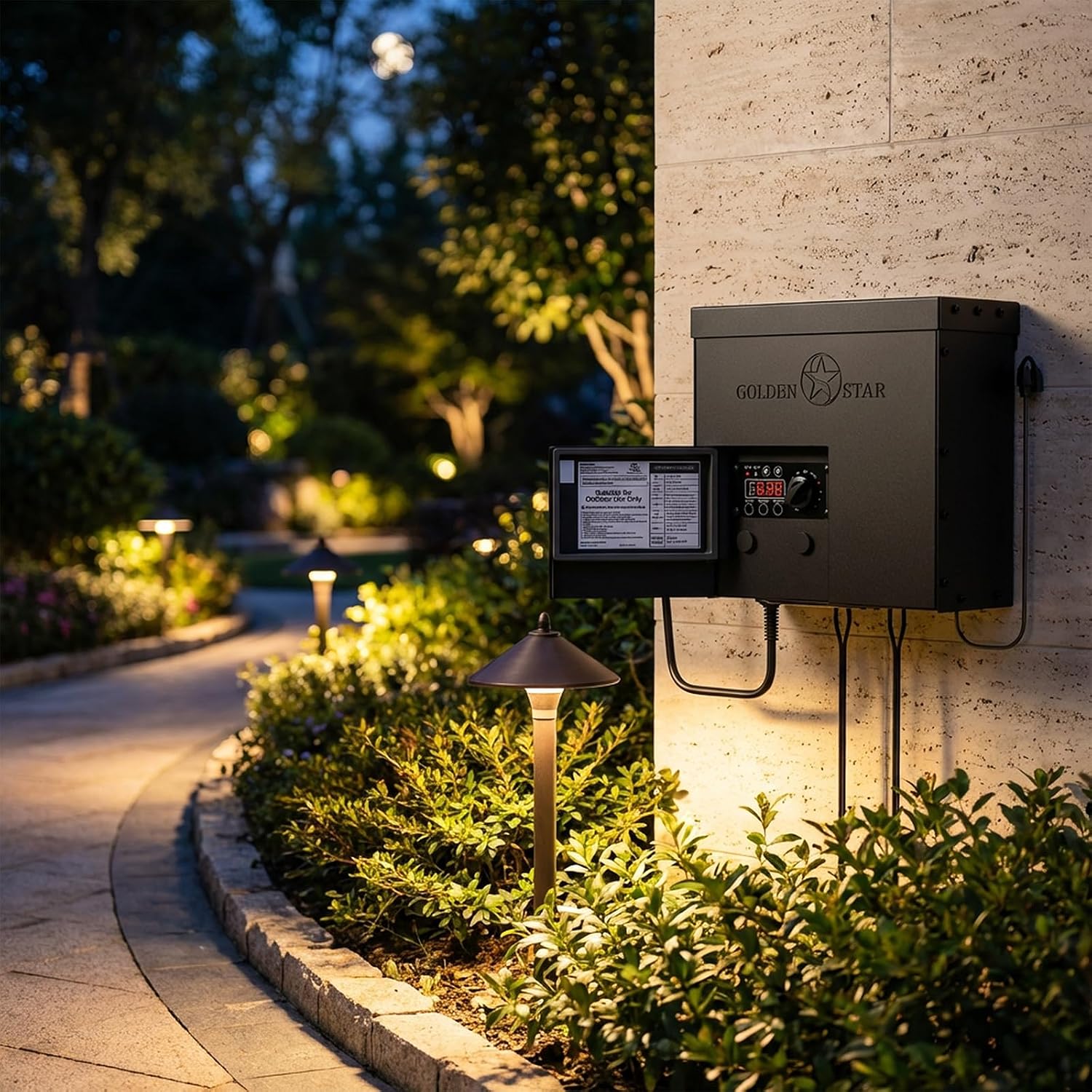 GOLDEN STAR 600W Low Voltage Transformer Outdoor Landscape Power Pack 120V AC to 12V&14V AC with Sensor and Weather Shield for LED Landscape Lighting, Spotlight, Pathway Light, ETL Listed