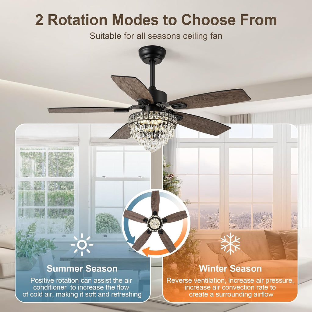Chandelier Ceiling Fans with Lights and Remote,42in Chandelier Fan Ceiling,Crystal Ceiling Fan Fandelier with Lights,6 Speed 3 Timer Quiet Ceiling Fan for Bedroom (Black, 52 Inch)
