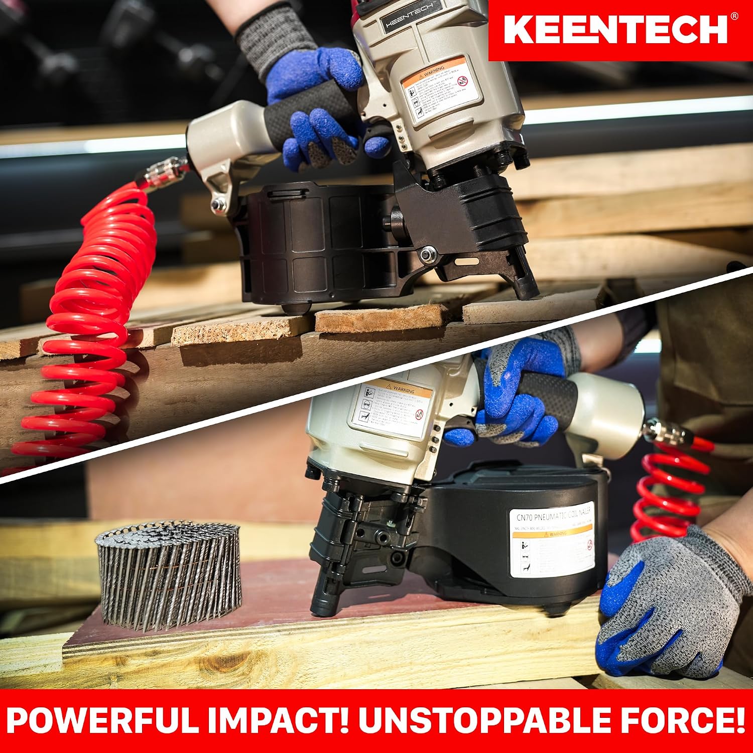KEENTECH Pneumatic Siding Nail Gun for 1-3/4' to 2-3/4' 15-Degree Nails, Coil Siding Nailer with Bump Firing for Fast Nailing Speed, Coil Nail Gun for Pallet, Siding, Crating, Decking, Framing, CN70