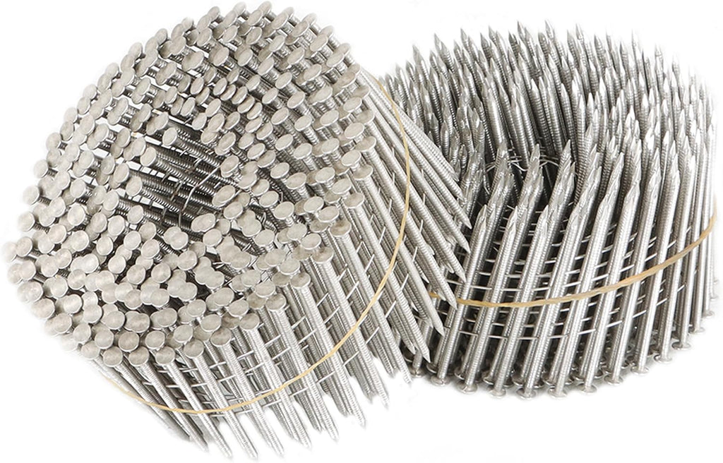 3600Pcs Siding Nail Coil Wire 15 Degree Coil Wire 2-1/2 inch x 0.09 inch Ring Shank 304 Stainless Steel Wall Nails Small Cap Coil Nails Cap Rim Cocking 5.3-5.6 mm