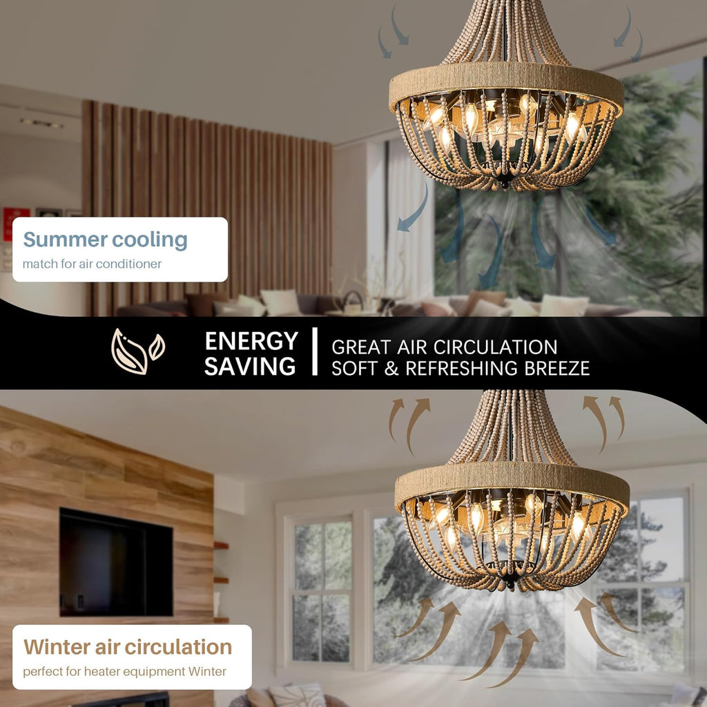 Bohemian Empire Style Chandelier Fan with 64 Wood Bead Strands, 7-Blade Invisible, Remote/APP Control, 20'' Ceiling Light Fixture for Living Room Bedroom Dining (Black, 20'' Boho Style)