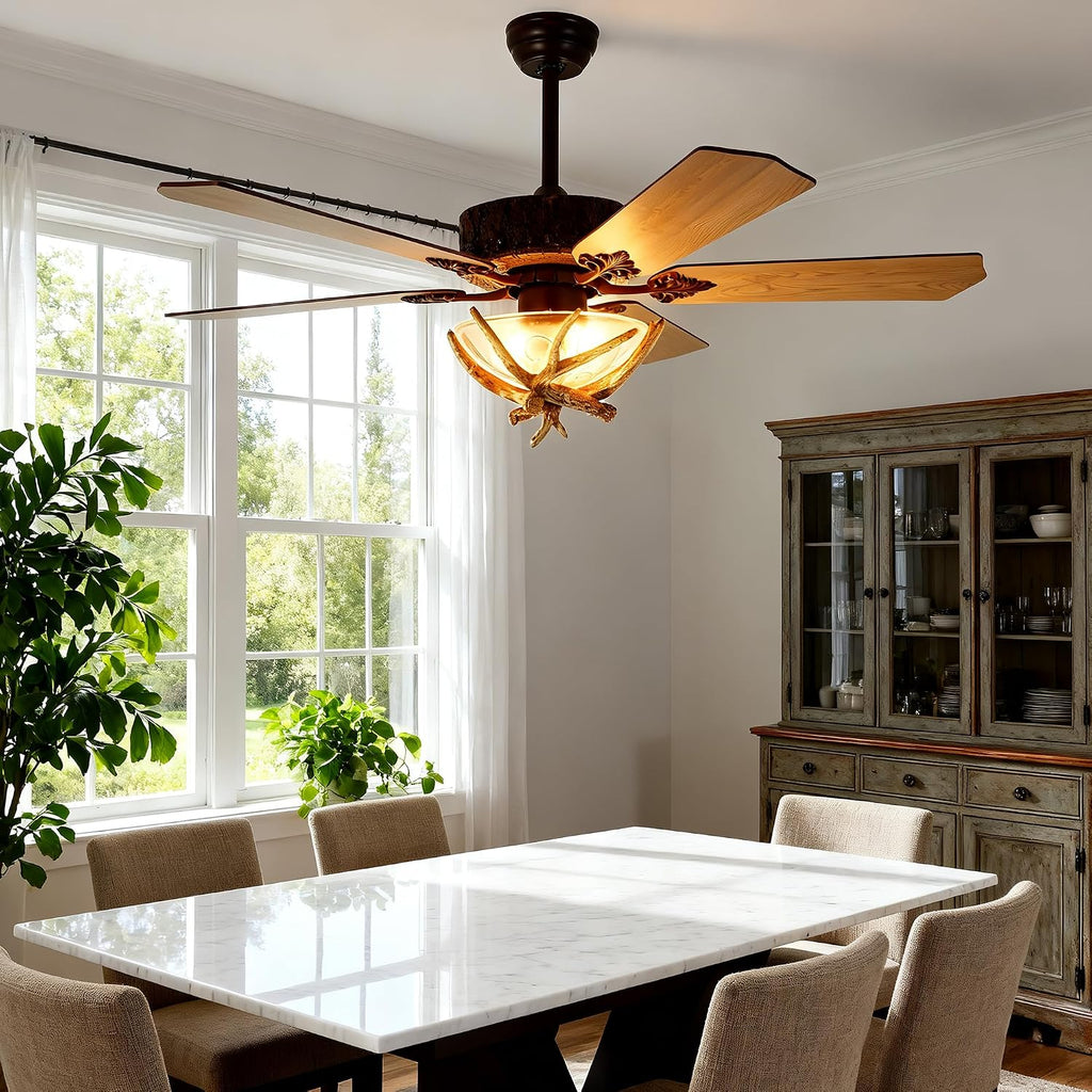 Fandian Antler Rustic Ceiling Fan with Lights and Remote, Modern Chandelier Fan Light, Indoor Cabin Electrical Fan with 5 Wood Blades, Farmhouse, Bedroom Living Room (D 46')