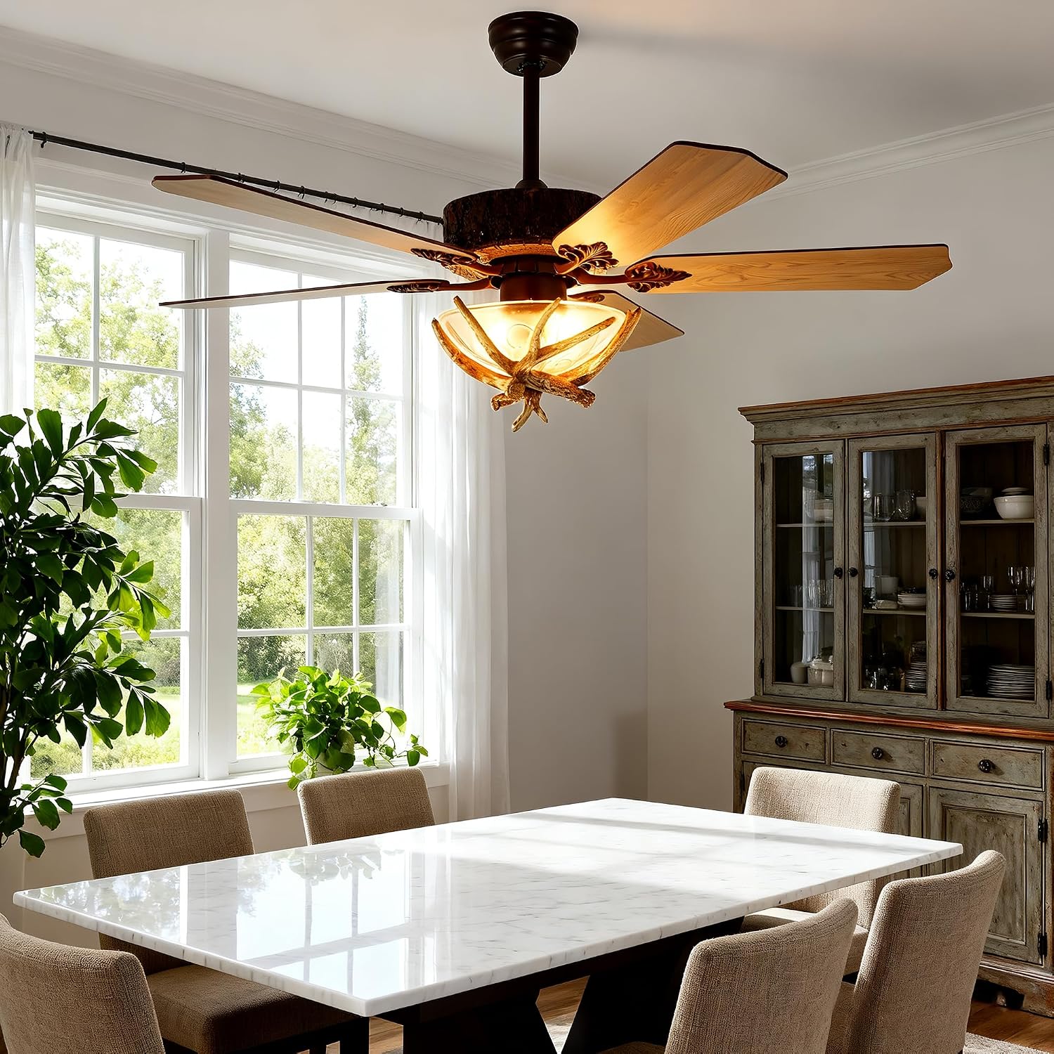 Fandian Antler Rustic Ceiling Fan with Lights and Remote, Modern Chandelier Fan Light, Indoor Cabin Electrical Fan with 5 Wood Blades, Farmhouse, Bedroom Living Room (D 46')