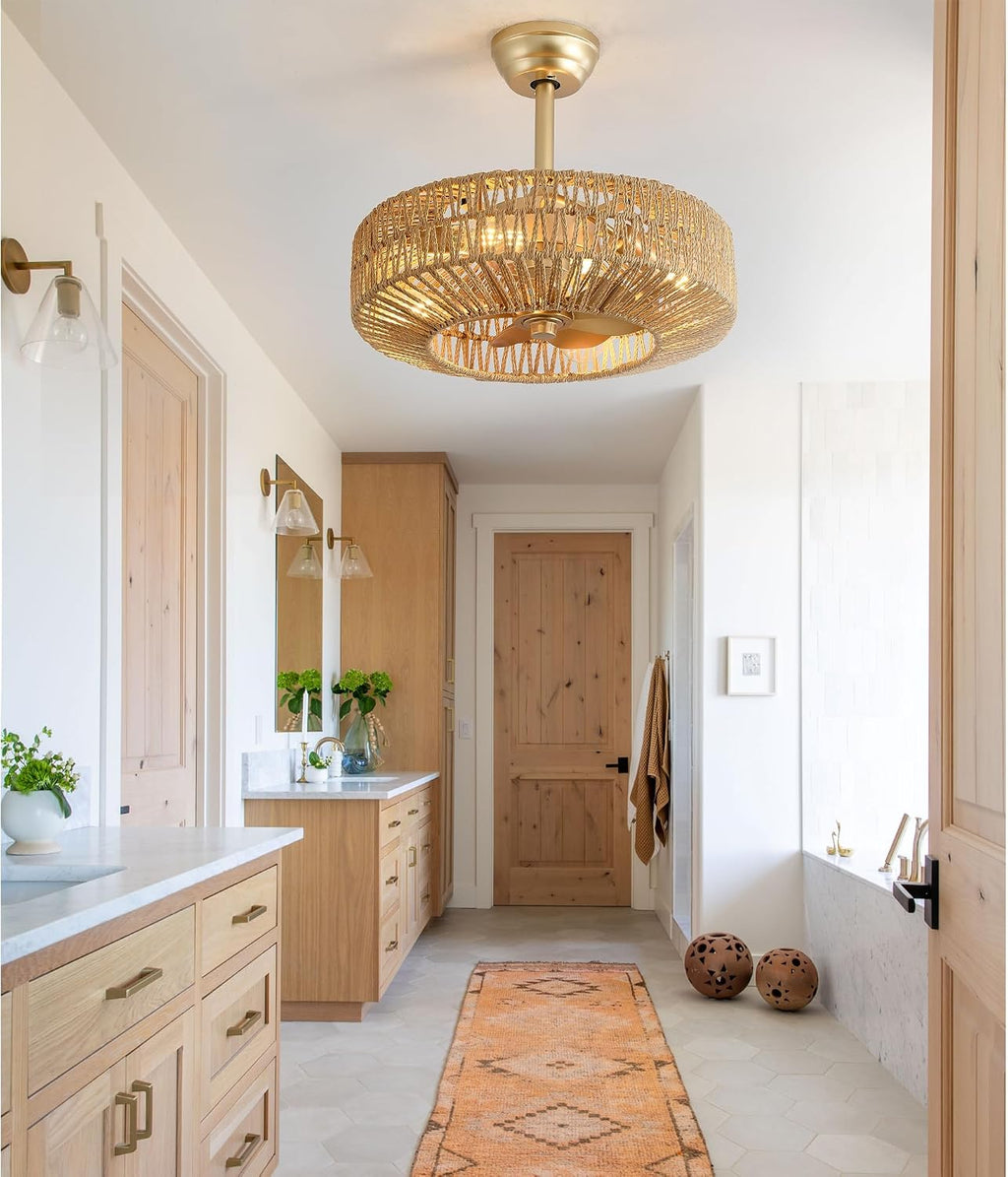 20 inch Boho Ceiling Fan with Light, 6 Speeds, Remote Control, Timer Function, Bladeless Design, Gold