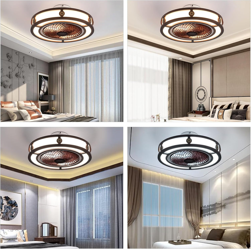 LOYALHEARTDY 20' Red Fandelier Ceiling Fan with LED Light Remote Control, 6-Speed 1/2/4H Timer Quiet Enclosed Low Profile Flush Mount Bladeless Ceiling Fan - Copper Coin