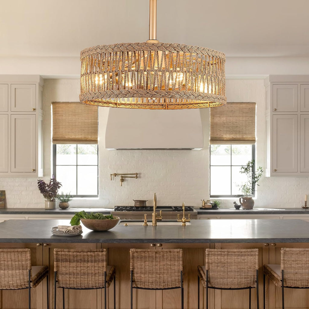 20 inch Gold Semi Flush Mount Rattan Ceiling Fan Light Fixture, Drum Shade with 7 Transparent Blades,Remote Control, E26 Base, Reversible Motor, Farmhouse Boho Style
