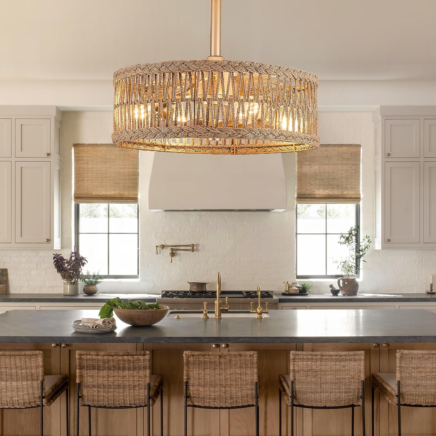 20 inch Gold Semi Flush Mount Rattan Ceiling Fan Light Fixture, Drum Shade with 7 Transparent Blades,Remote Control, E26 Base, Reversible Motor, Farmhouse Boho Style