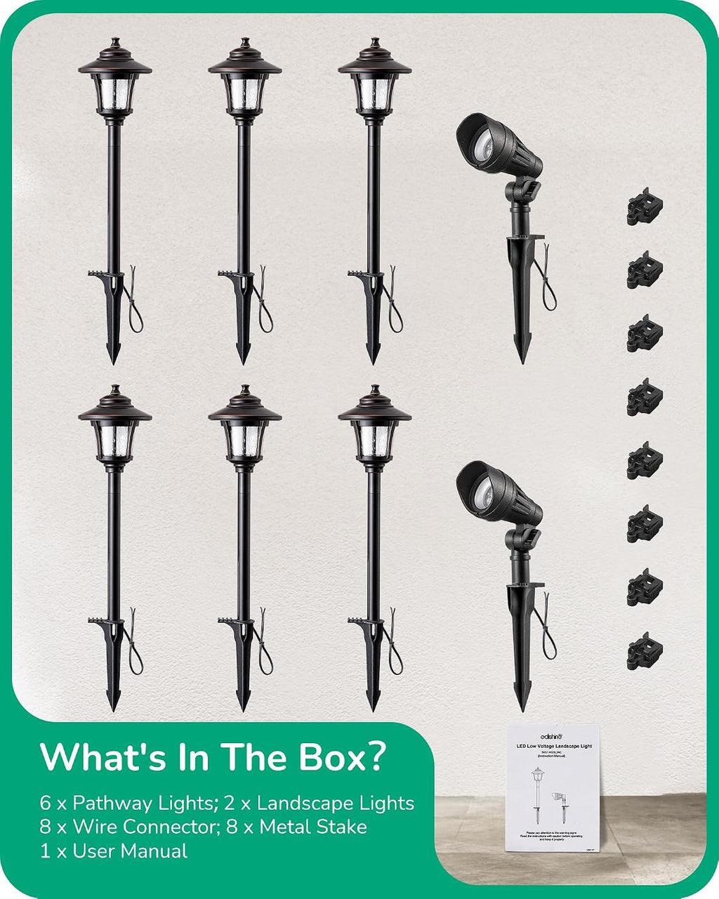 EDISHINE 8 Pack Low Voltage Landscape Lights Kit, 3W 120LM LED Pathway Lights & 3.2W 240LM Spotlights, 12V Outdoor Landscape Lighting with Connectors, Aluminum Landscape Light for Yard Path, Garden