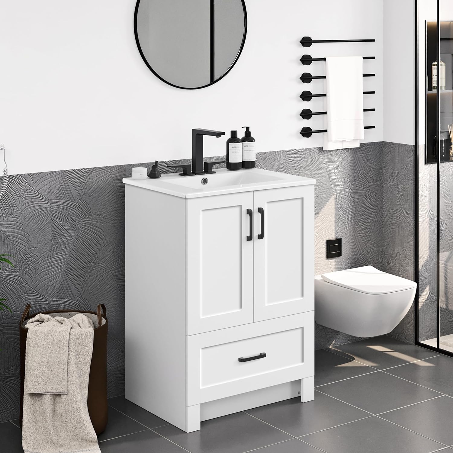 Yaheetech 24.5' Modern Bathroom Vanity with Ceramic Basin, Undermount Vanity Sink Cabinet with 2 Doors and 1 Drawer, Free Standing Bathroom Storage Cabinet with Sink Combo Set, White