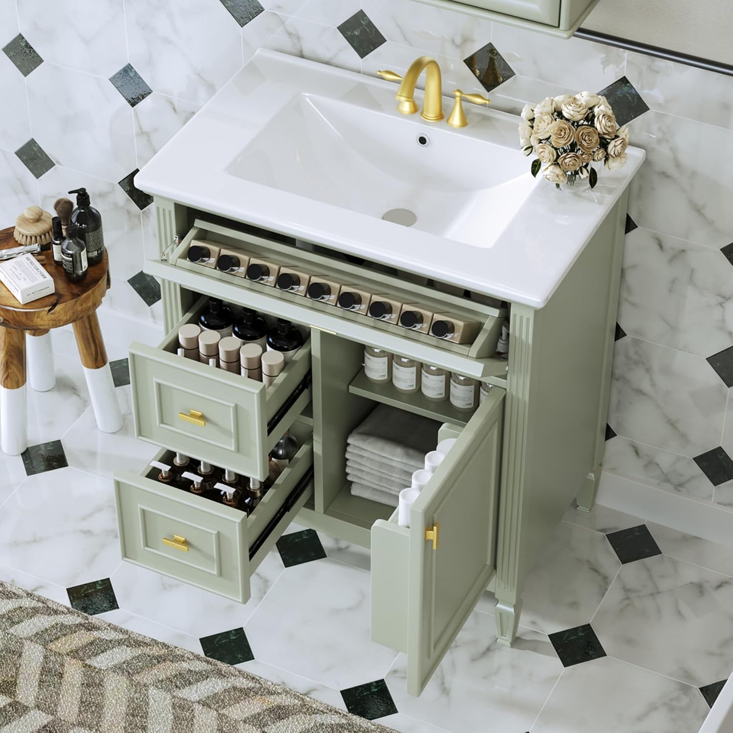 30' Bathroom Vanity with Ceramic Sink Top, Tip-Out Drawer and Two Left Side Drawers, Adjustable Shelf, Solid Wood Legs, Soft-Closing Door and Rack Shelf, Green