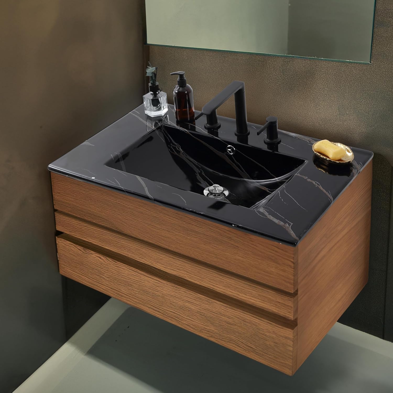 JONATHAN Y Ancillary 30 in. W x 18.25 in. D Ceramic Vanity Sink Top with 3-Hole Rectangular Single Sink Basin, Black Marble Effect SNK1002D