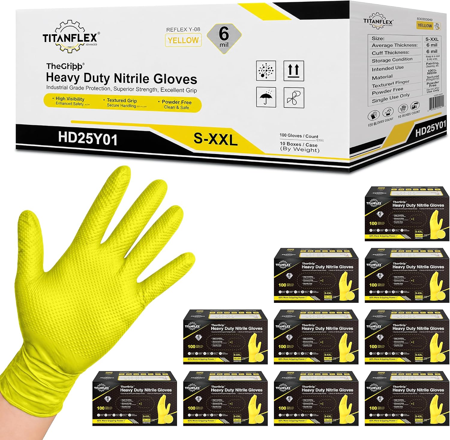 TitanFlex Heavy Duty Industrial Nitrile Gloves with Raised Diamond Texture, 6-mil, Latex Free (Dark Green/Yellow)