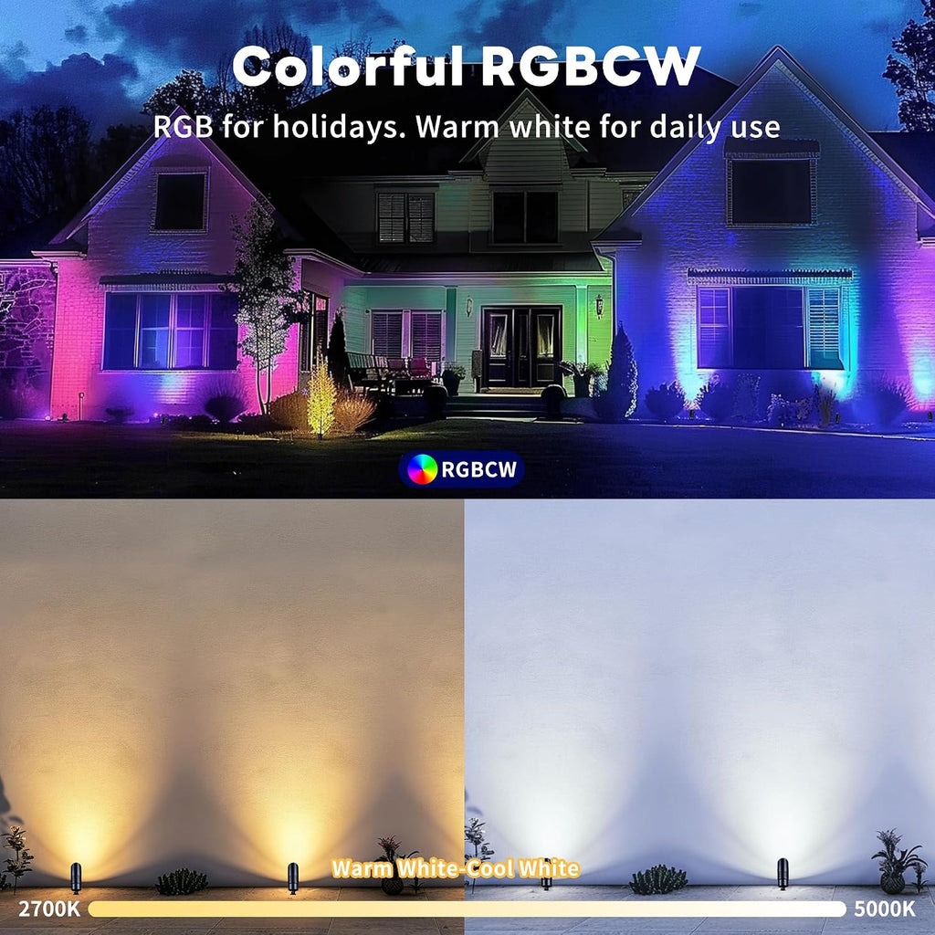 Smart Outdoor Landscape Spotlights Color Change - 12V Multicolored LED Spot Lights Hard-Wired Waterproof, Low Voltage Uplighting Using App, Aluminum Black for Backyard Fence 8 Pack