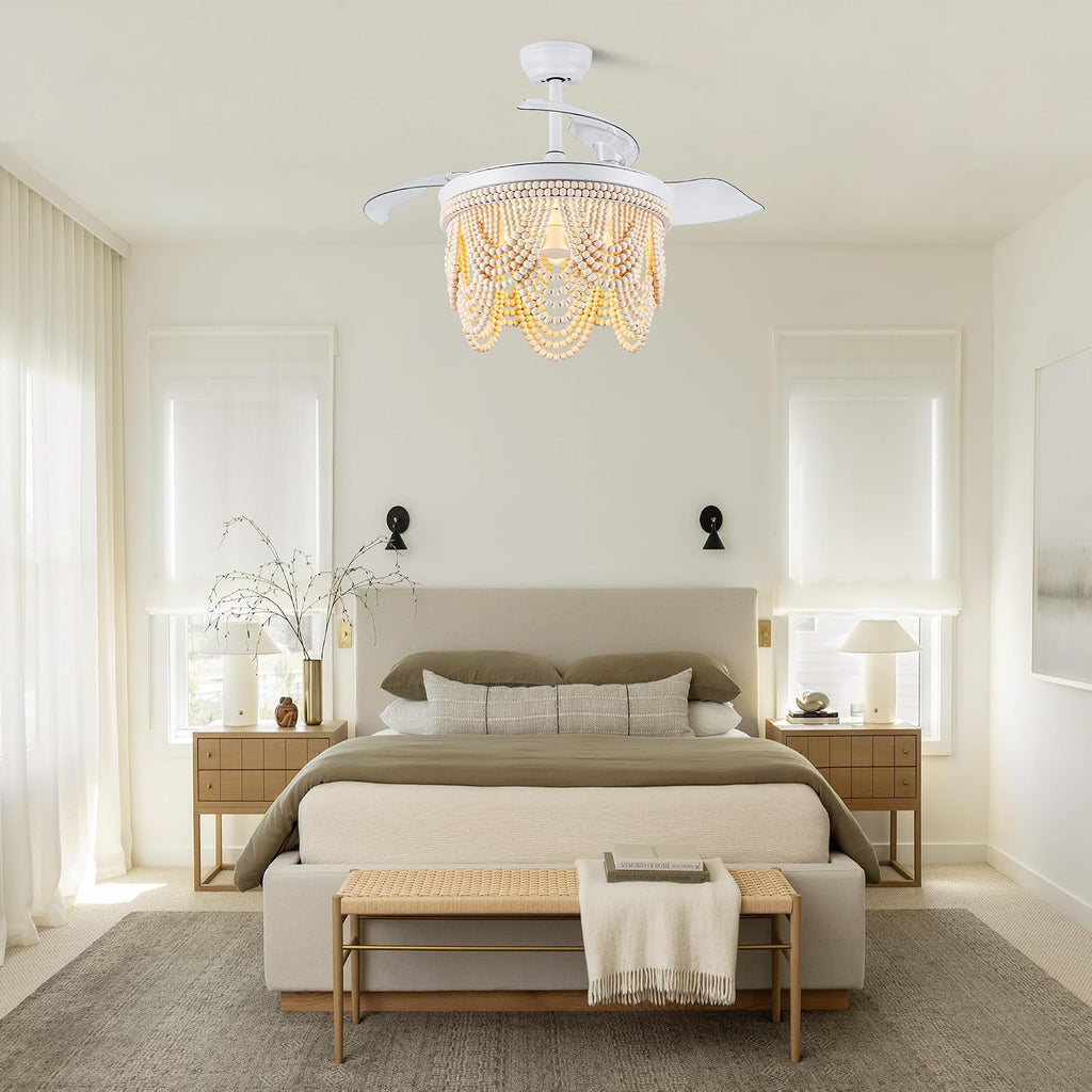 42'' Retractable Ceiling Fans with Lights and Remote,Bohemian Ceiling Fans with Wooden Beads,E26 Metal Bulb Base,6 Speeds Reversible Bladeless Ceiling Fan for Bedroom Living Room Kitchen