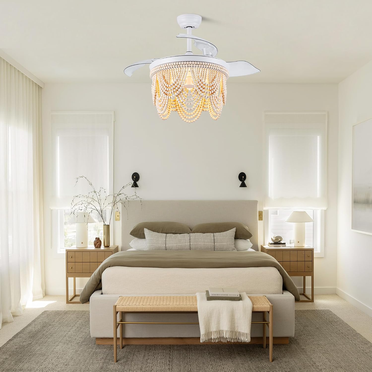 42'' Retractable Ceiling Fans with Lights and Remote,Bohemian Ceiling Fans with Wooden Beads,E26 Metal Bulb Base,6 Speeds Reversible Bladeless Ceiling Fan for Bedroom Living Room Kitchen