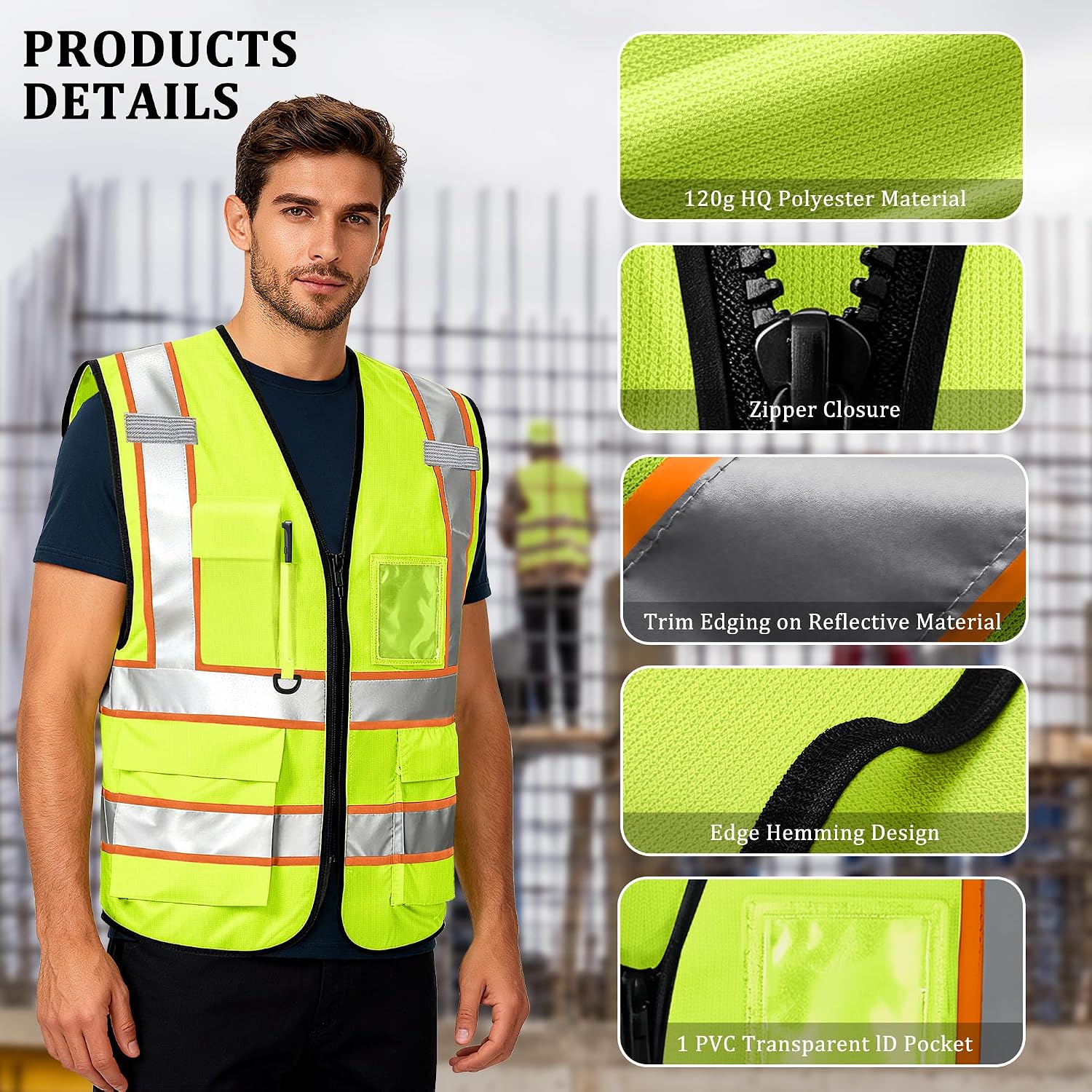 Custom Safety Vest with Logo, High Visibility Reflective Personalized Vest with Pockets and Zipper for Men Women Work