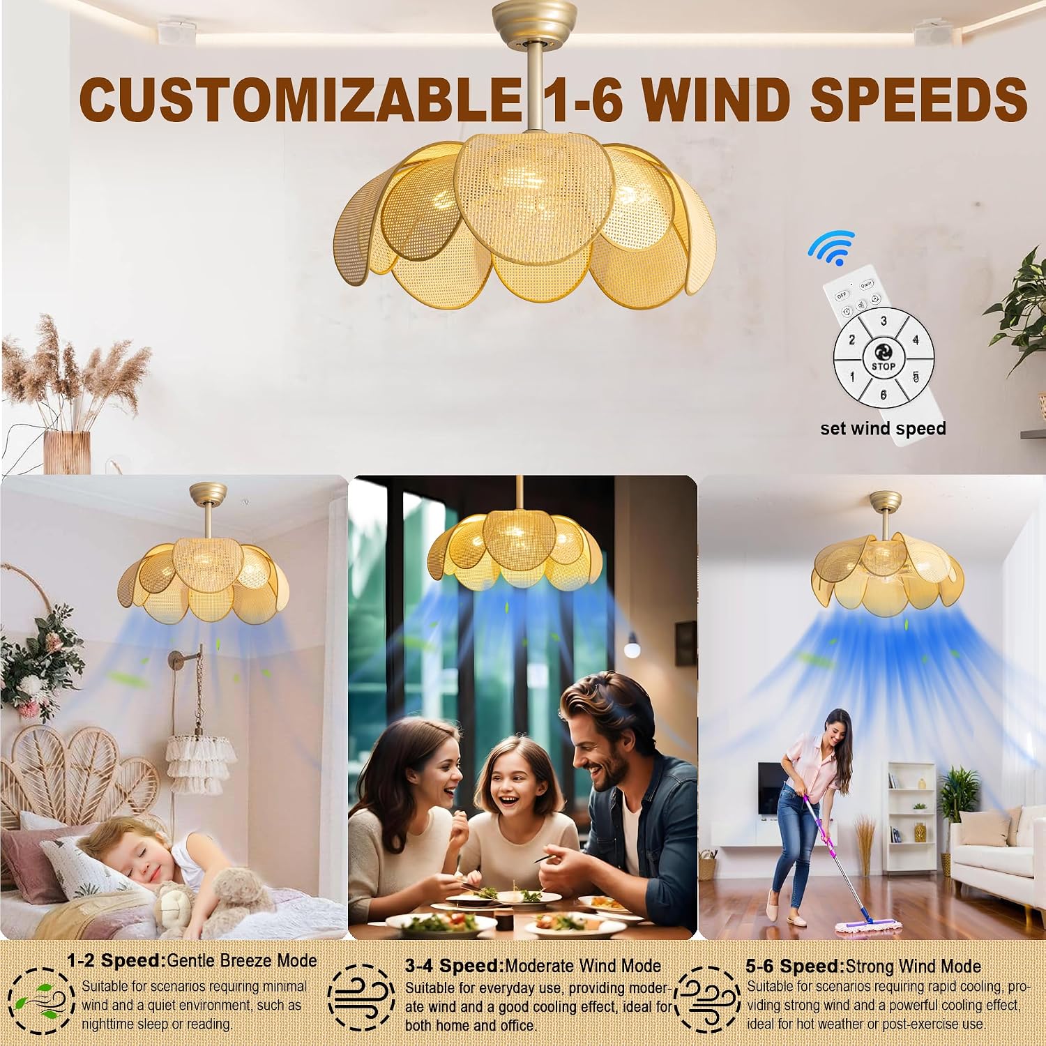 Ceiling Fans with Lights, Fandelier Chandelier Ceiling Fan and Remote,Boho,Flush Mount,Low Profile,for Bedroom,Living Room,Gold