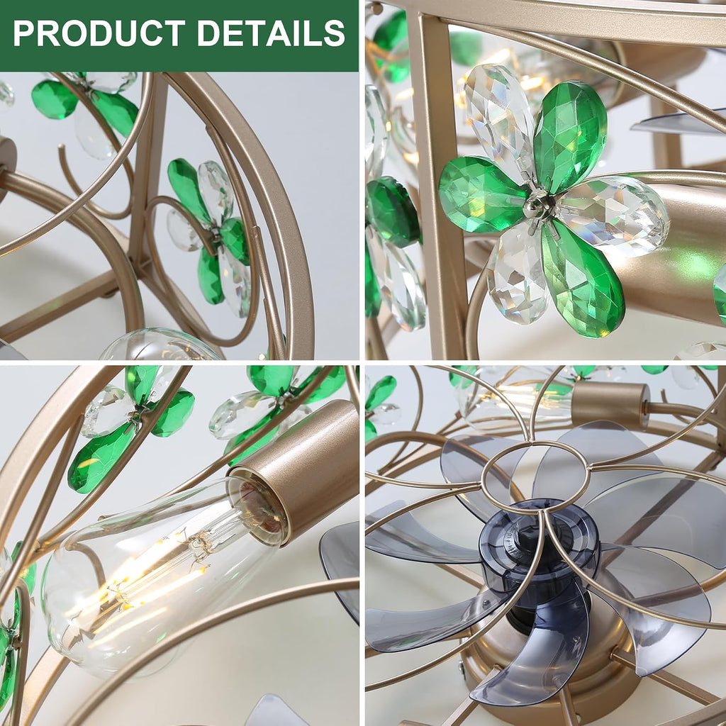 Ceiling Fans with Lights and Remote Flower Crystal Low Profile Ceiling Fan Bedroom Fan w. 6 Speeds Reversible Motor Bladeless Flush Mount Fan Light for Living Room ,Dinning Room,Entrance,Gold