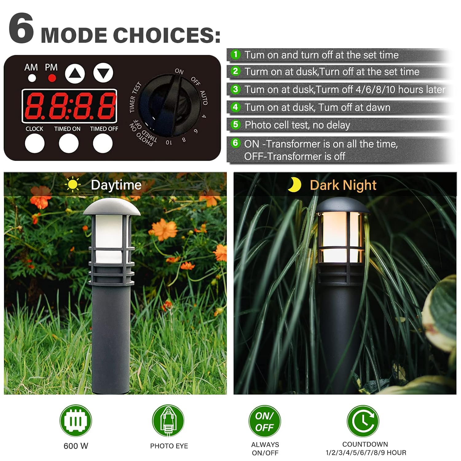 GOODSMANN Low Voltage Transformer Low Voltage Landscape Lighting Spotlight Outdoor Transformer with Photo Eye and Timer 120V Input 12V Output (600 Watts)