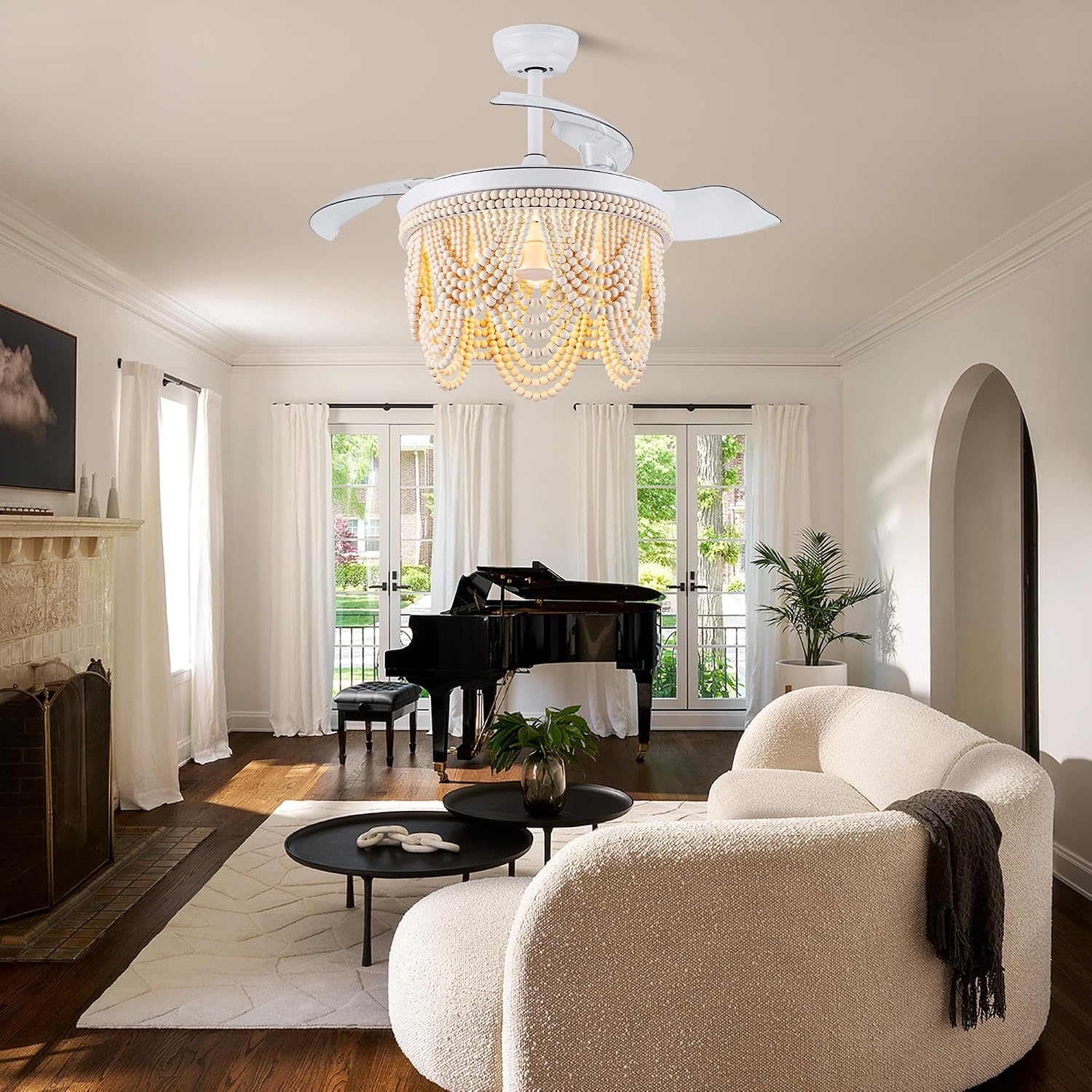 42'' Retractable Ceiling Fans with Lights and Remote,Bohemian Ceiling Fans with Wooden Beads,E26 Metal Bulb Base,6 Speeds Reversible Bladeless Ceiling Fan for Bedroom Living Room Kitchen