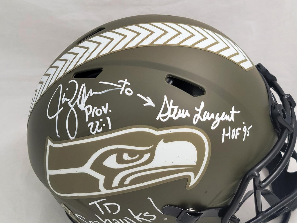 Steve Largent & Jim Zorn Autographed Seattle Seahawks Camo Salute To Service Full Size Authentic Speed Helmet 'TD Seahawks!' MCS Holo Stock #210442 - Autographed NFL Helmets
