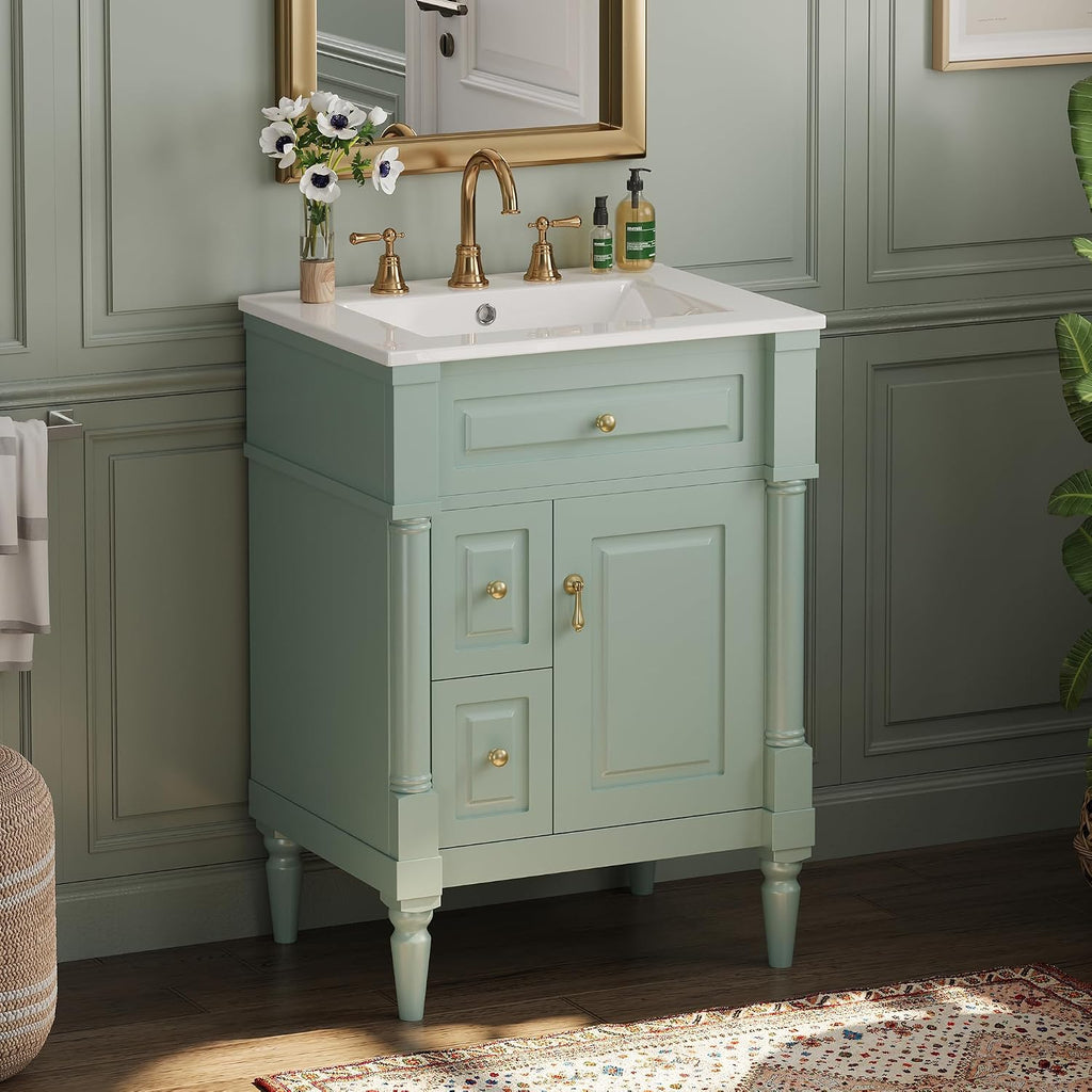 24 Inch Bathroom Vanity with Ceramic Sink Top, Cabinet with Tip-Out Drawer and Door Storage, Solid Wood Roman Legs, Adjustable Shelf, Green