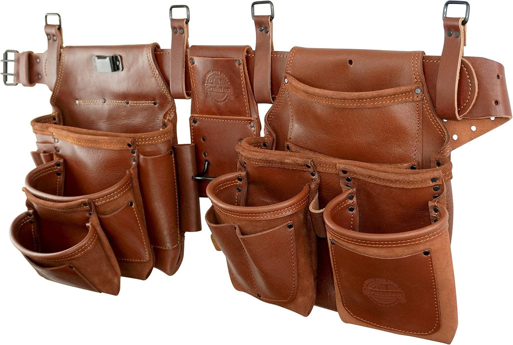 GRAINTEX AD2747 :: 4 Piece 18 Pocket Framer's Tool Belt Combo Ambassador Series Chestnut Brown Color Grain Leather