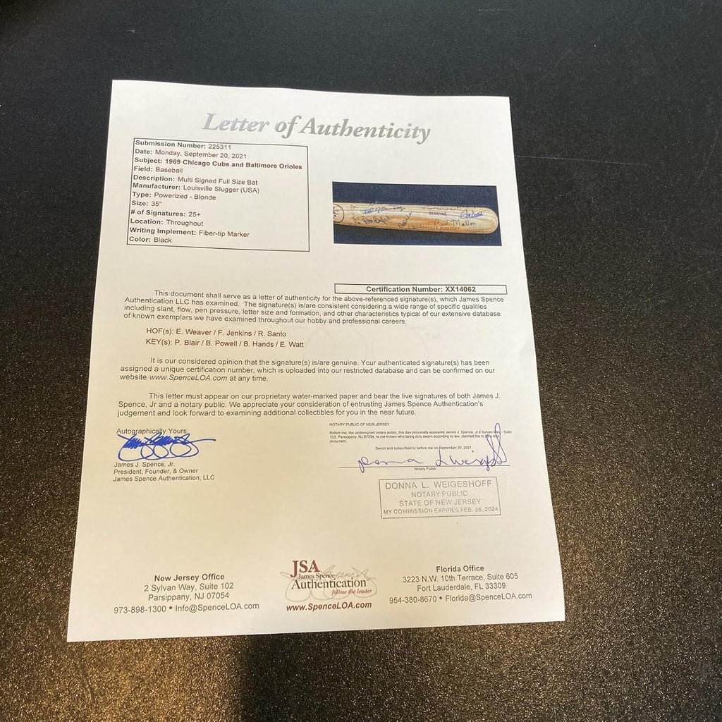 Rare 1969 Chicago Cubs & Baltimore Orioles Team Signed Baseball Bat With JSA COA - Autographed MLB Bats