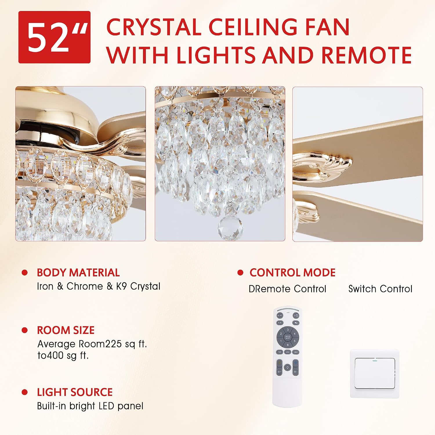 GJeg Crystal Ceiling Fan Fandelier with Lights-Ceiling Fans with Remote Control,Modern Ceiling Fan with Noiseless DC Reversible Motor,Dining Room,Living Room(52' Gold)