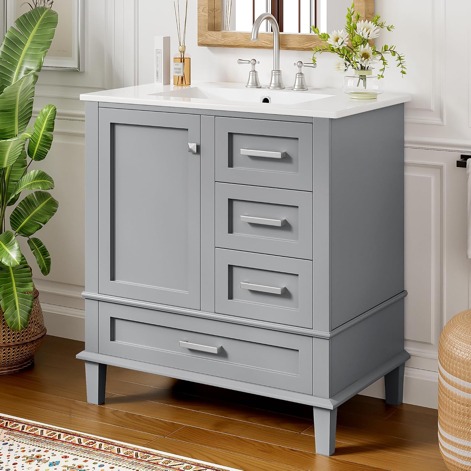 Mirightone 30' Bathroom Vanity with Sink, 30 Inch Bathroom Vanity with Top, 3 Drawers and 1 Soft Closing Door, Modern Bathroom Vanity with Sink 30 Inch for Bathroom (Grey)