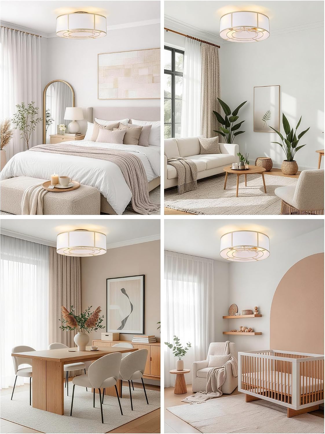 Low Profile Ceiling Fans with Lights, 20' Flush Mount Ceiling Fan with Light, Gold and White Boho Bladeless with 6 Speeds Remote Control for Bedroom, Nursery, Living Room