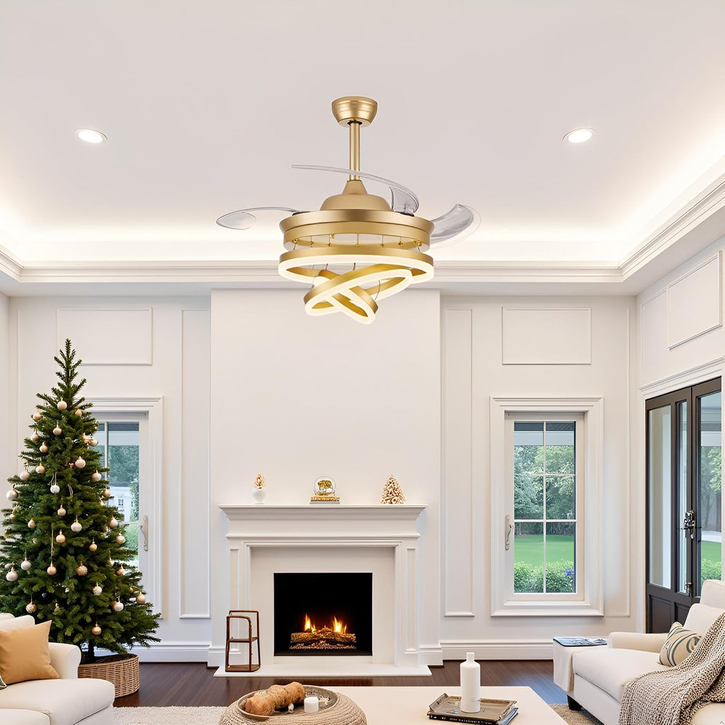 42 Inch Retractable Ceiling Fan with Lights, Gold Fandelier Ceiling Fans with Light and Remote, Reversible, 6 Speed Dimmable LED Chandelier Ceiling Fan for Bedroom Living Room Dining Room, 3000K-6000K