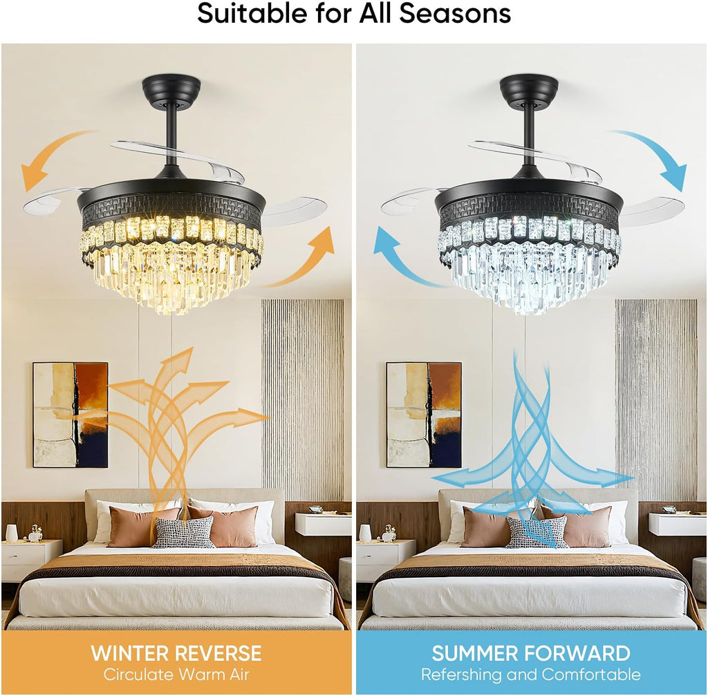 42' Fandelier Ceiling Fan with Lights,Crystal Retractable Ceiling Fan with Light,Chandelier Fans for Bedroom,Living Room,Reverse Motor,6 Speeds,3 Color Temperatures,Remote & APP Control-Black