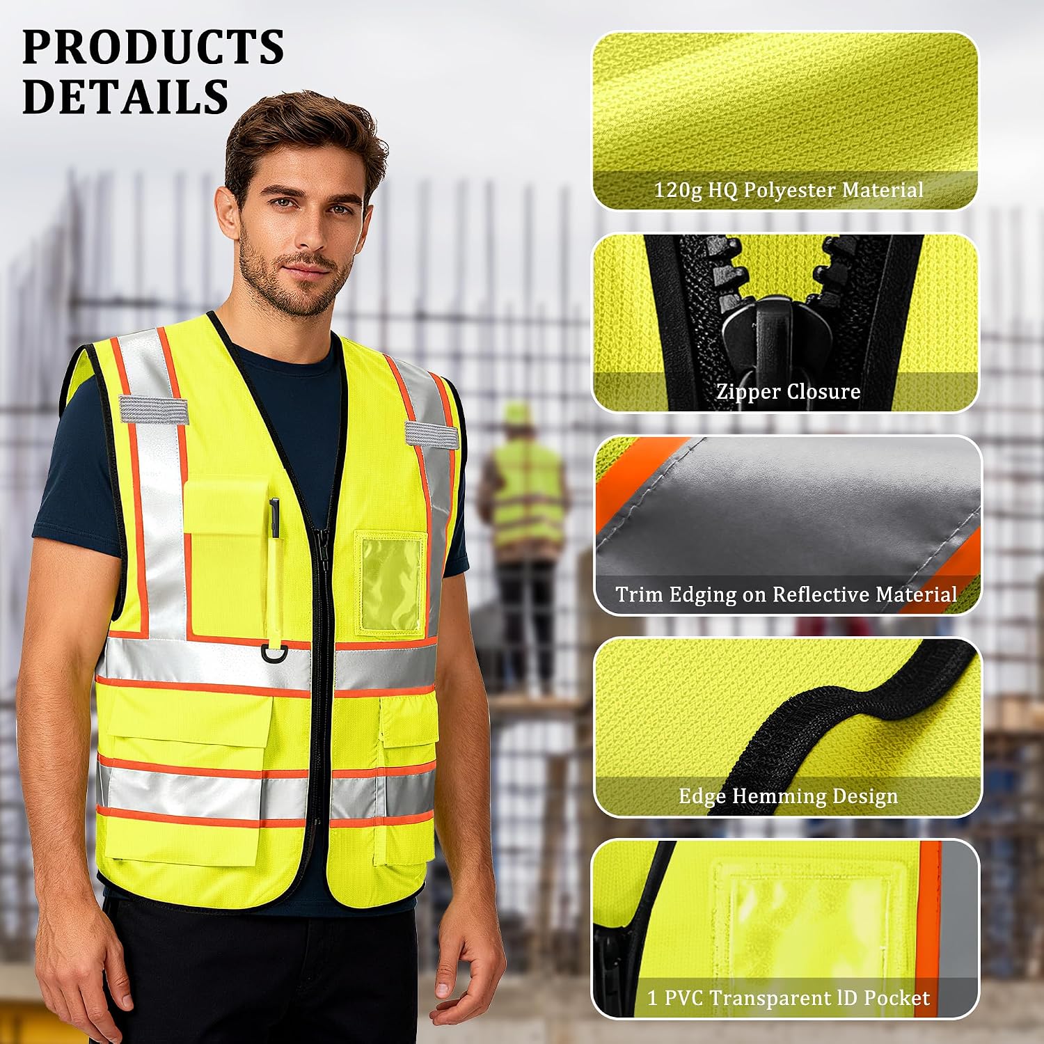 Custom Safety Vest with Logo, High Visibility Reflective Personalized Vest with Pockets and Zipper for Men Women Work