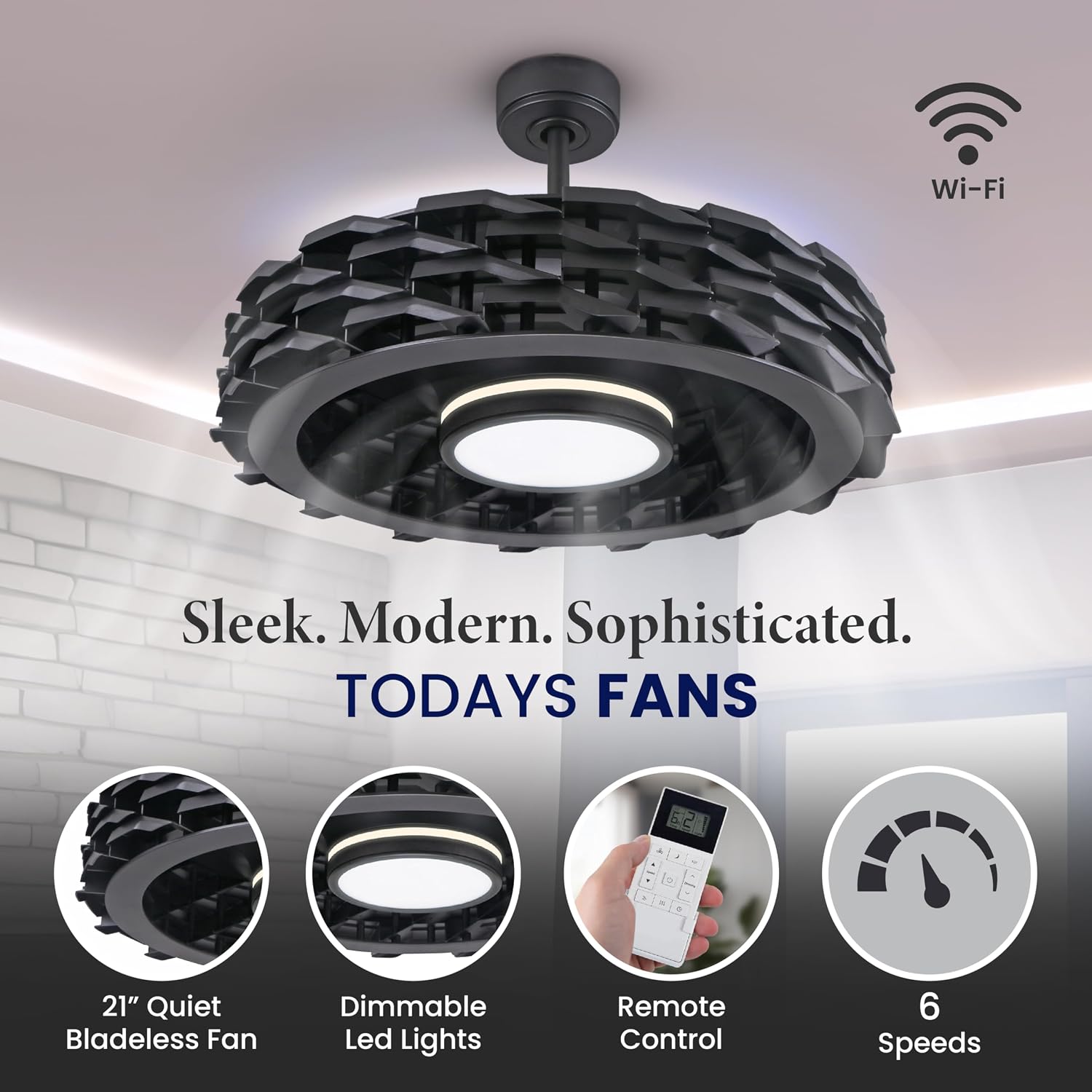 Bladeless Ceiling Fan with Lights & Remote – LUMIO 28' Low-Profile Downrod or Flush Mount Ceiling Fan with Lights for Bedroom & More – Dimmable LED, Night Light & Wi-Fi Connect, Black