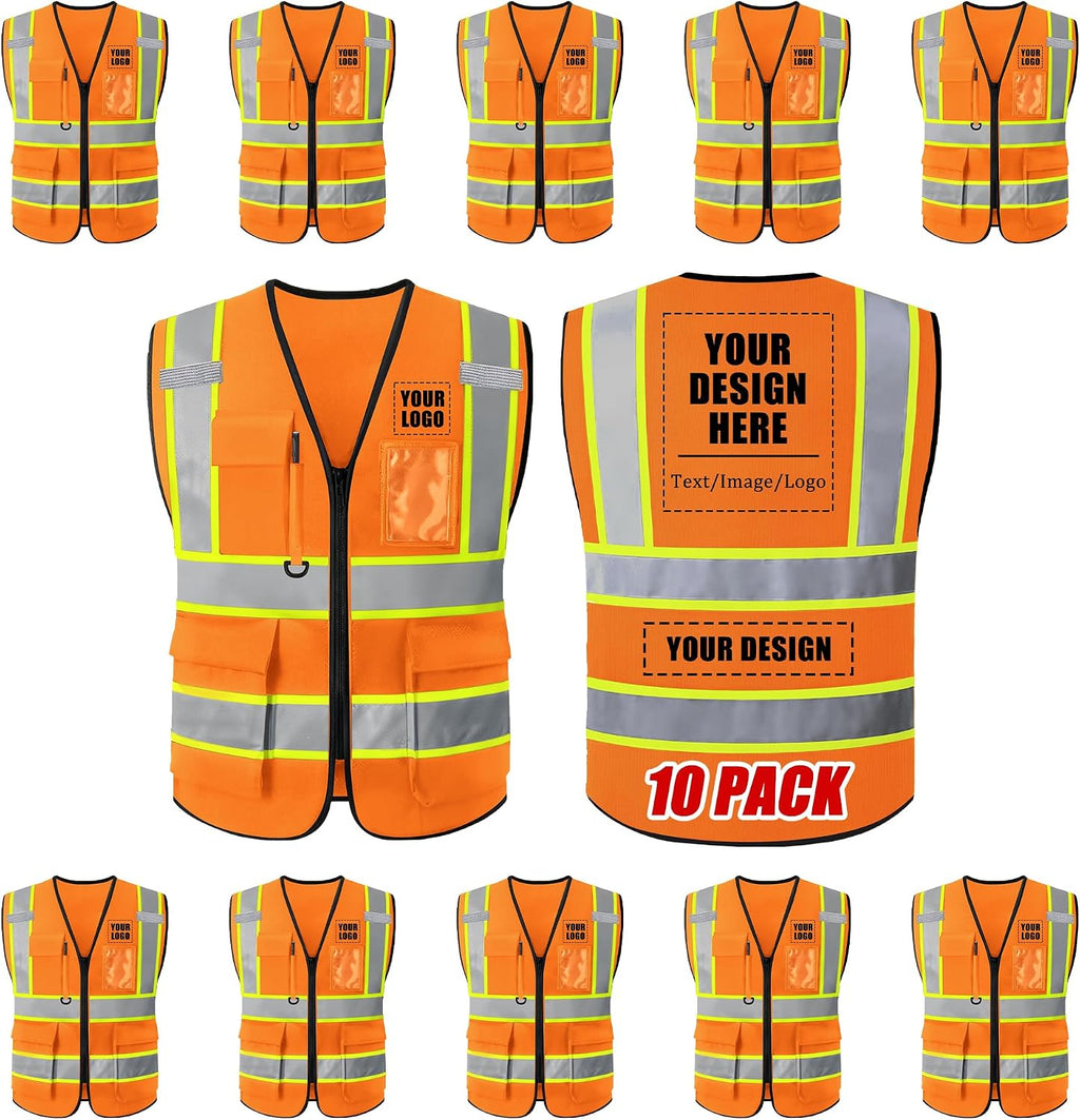 Custom Safety Vest with Logo, High Visibility Reflective Personalized Vest with Pockets and Zipper for Men Women Work