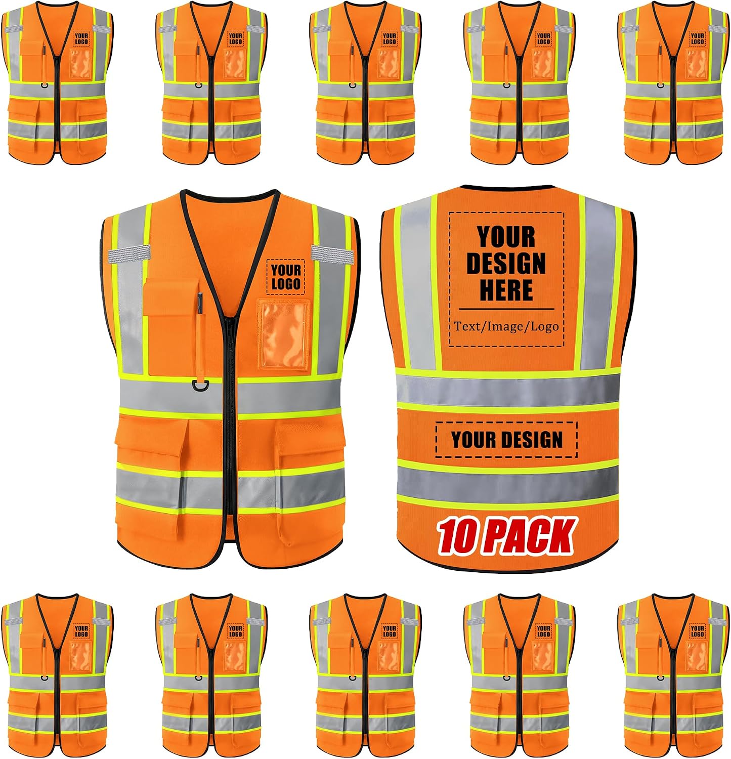 Custom Safety Vest with Logo, High Visibility Reflective Personalized Vest with Pockets and Zipper for Men Women Work