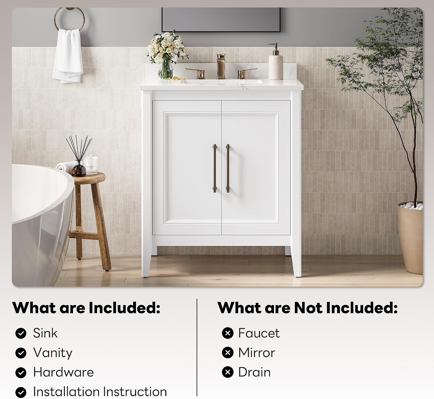 LIKIMIO 30' Bathroom Vanity with Sink, Freestanding Bathroom Vanity with 2 Soft-Close Doors, Engineered Stone Countertop with Undermount Ceramic Sink, Modern Bathroom Vanity, Easy Assembly, White