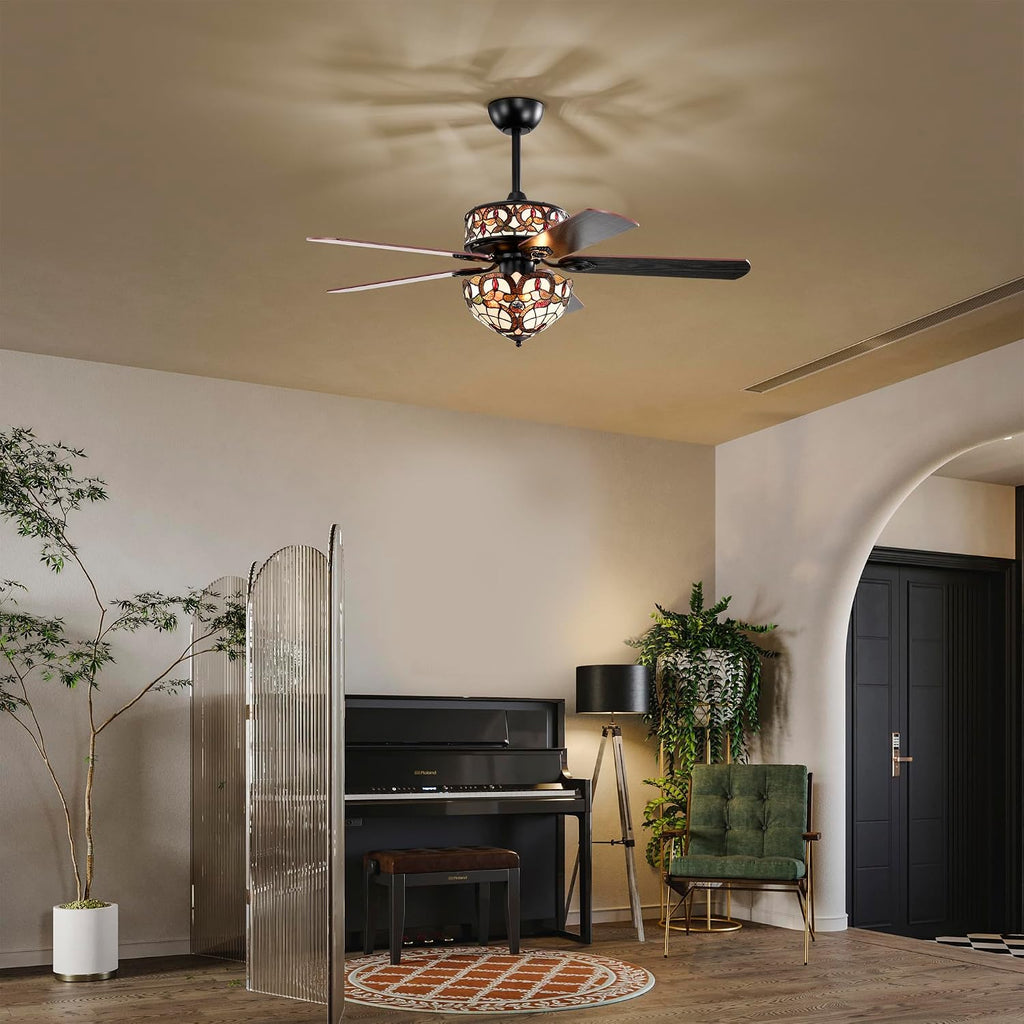 Lars Black Tiffany Style Two Tiered Lighted Ceiling Fan White and Copper Shade with Remote Control