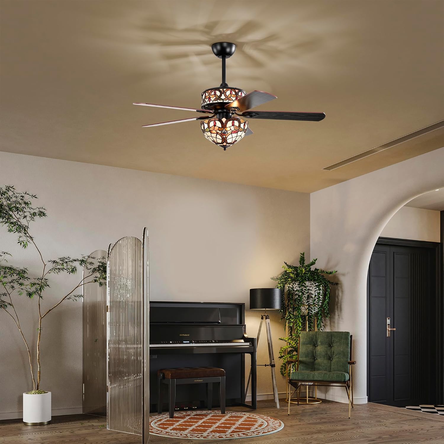Lars Black Tiffany Style Two Tiered Lighted Ceiling Fan White and Copper Shade with Remote Control
