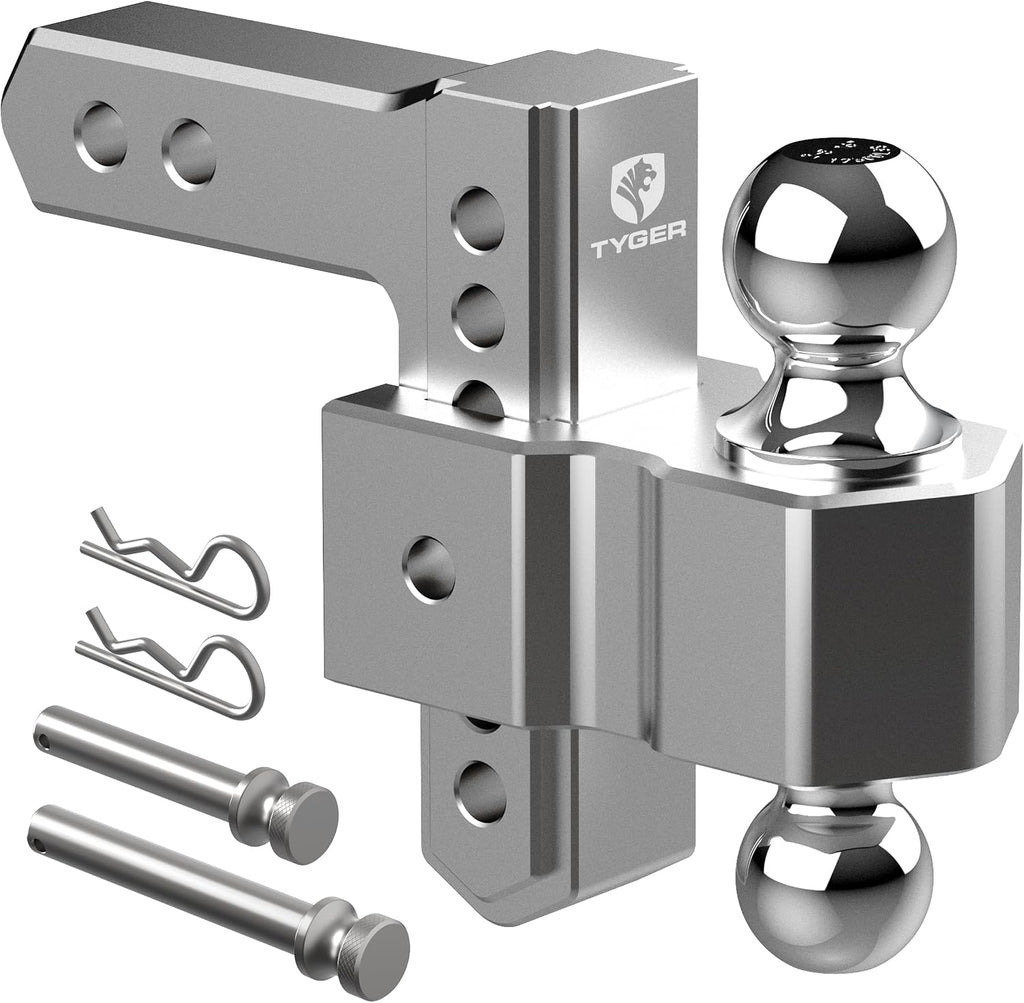 Tyger Auto Adjustable Drop Hitch Dual-Ball Mount with 2' and 2-5/16' Towing Balls | Fits 2' Receivers | 12500 lbs GTW | Aluminum | Trailers Boats ATVs RVs | TG-DB6U12047