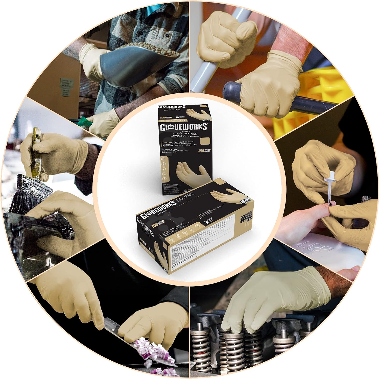 GLOVEWORKS HD Industrial Ivory Latex Gloves, Case of 1000, 8 Mil, Size Small, Powder Free, Textured, Disposable, ILHD42100